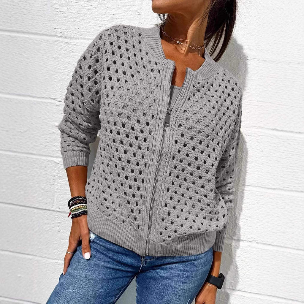 Fashion Hollow Knitted Jacket Zip-up Long-sleeved Tops Women's Clothing