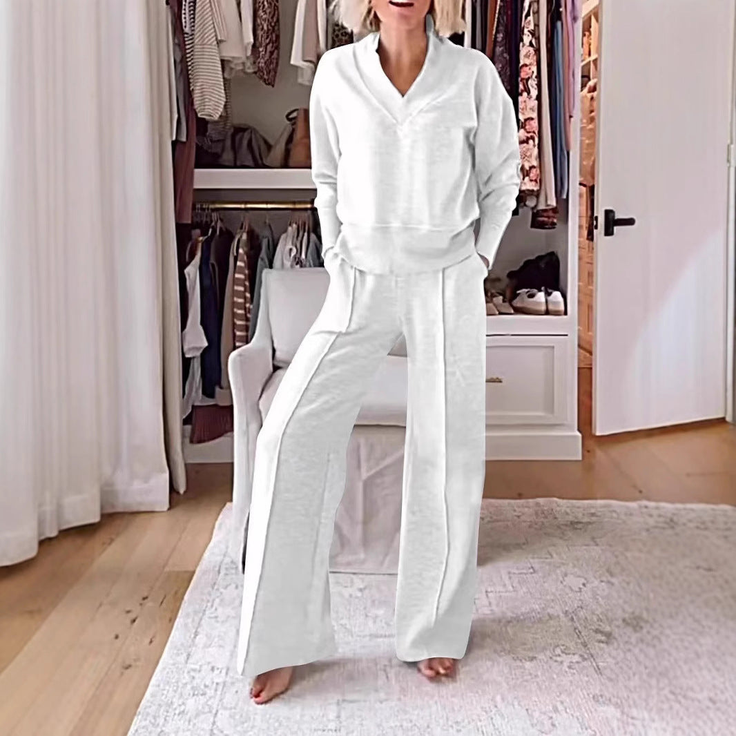 Women's Pullover Suit Casual Collared Long-Sleeved V-neck Top And Loose Straight-Leg Pants Fashion Sweatshirt Sport Trousers Set