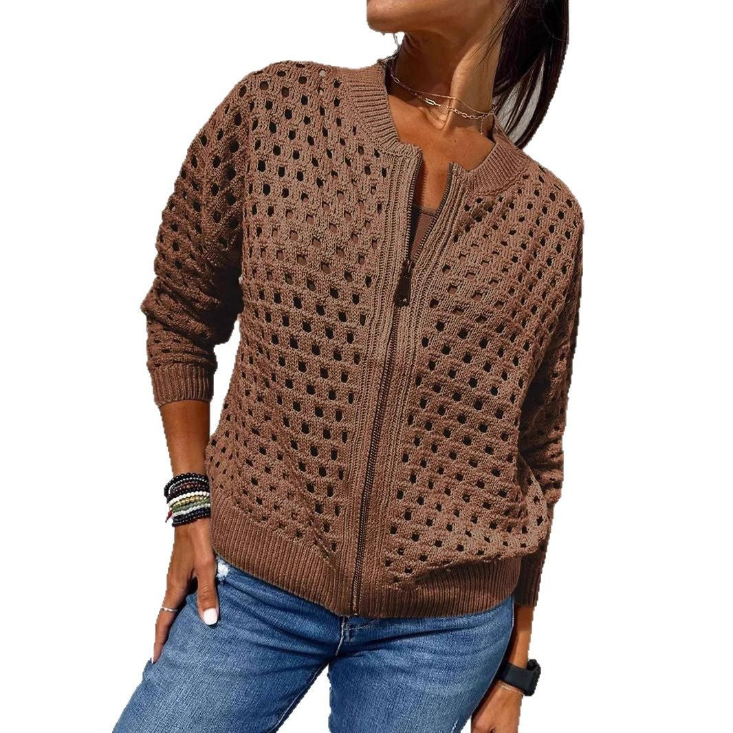 Fashion Hollow Knitted Jacket Zip-up Long-sleeved Tops Women's Clothing