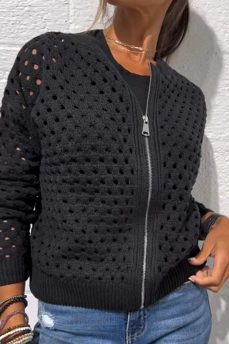 Fashion Hollow Knitted Jacket Zip-up Long-sleeved Tops Women's Clothing