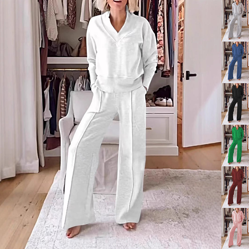 Women's Pullover Suit Casual Collared Long-Sleeved V-neck Top And Loose Straight-Leg Pants Fashion Sweatshirt Sport Trousers Set