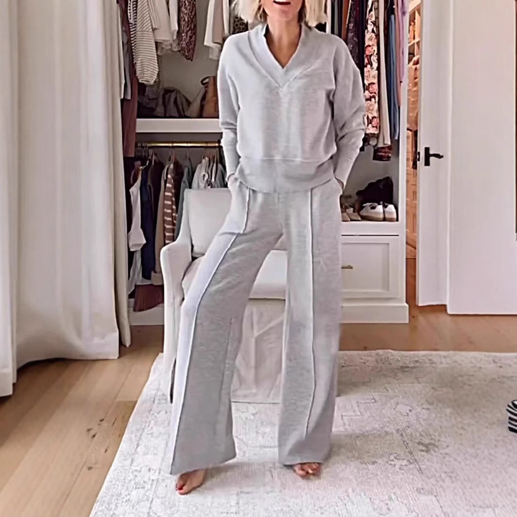 Women's Pullover Suit Casual Collared Long-Sleeved V-neck Top And Loose Straight-Leg Pants Fashion Sweatshirt Sport Trousers Set