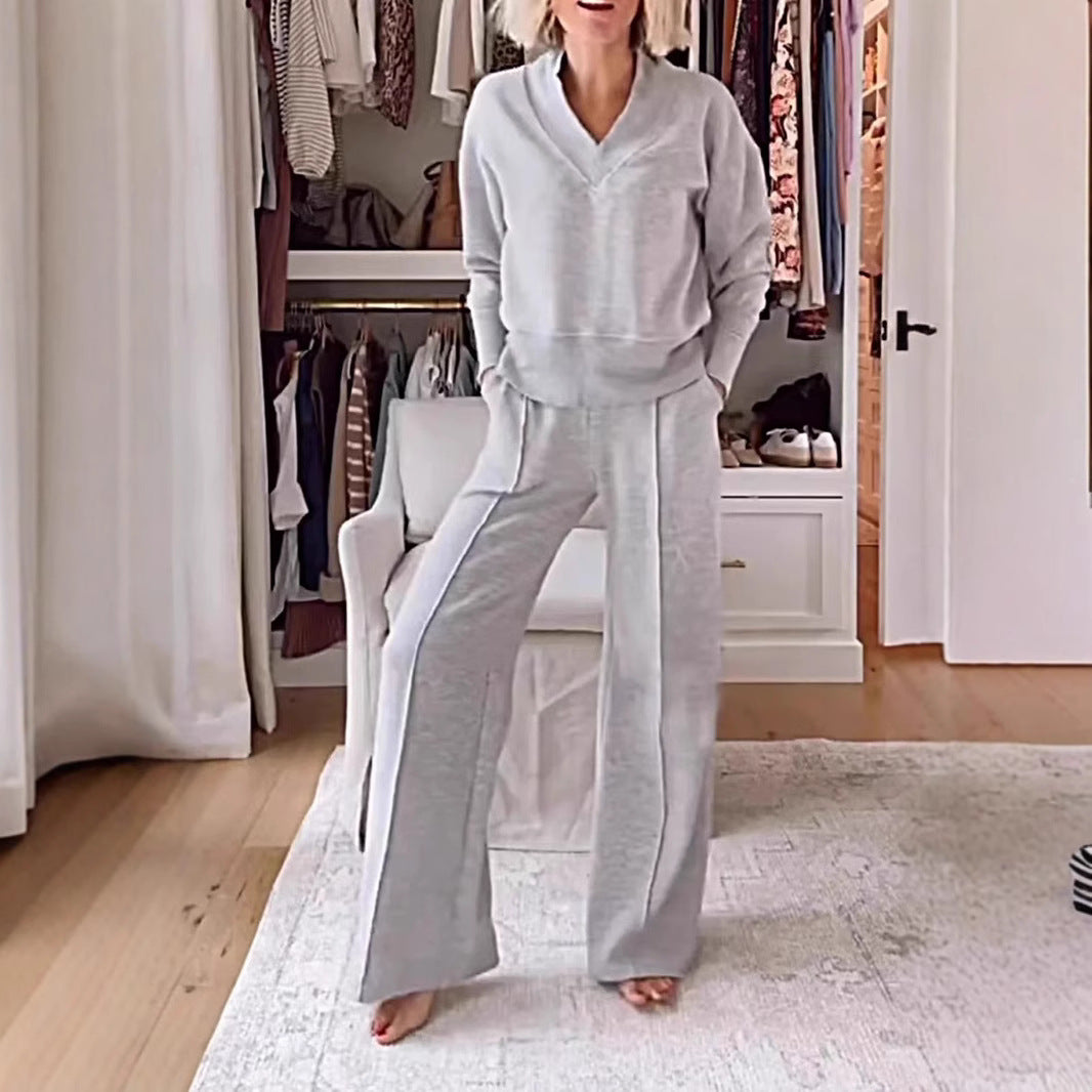 Women's Pullover Suit Casual Collared Long-Sleeved V-neck Top And Loose Straight-Leg Pants Fashion Sweatshirt Sport Trousers Set