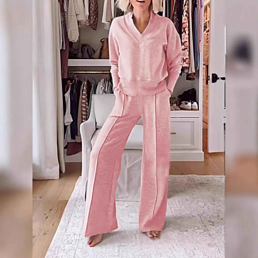Women's Pullover Suit Casual Collared Long-Sleeved V-neck Top And Loose Straight-Leg Pants Fashion Sweatshirt Sport Trousers Set