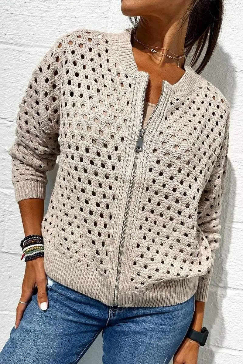 Fashion Hollow Knitted Jacket Zip-up Long-sleeved Tops Women's Clothing