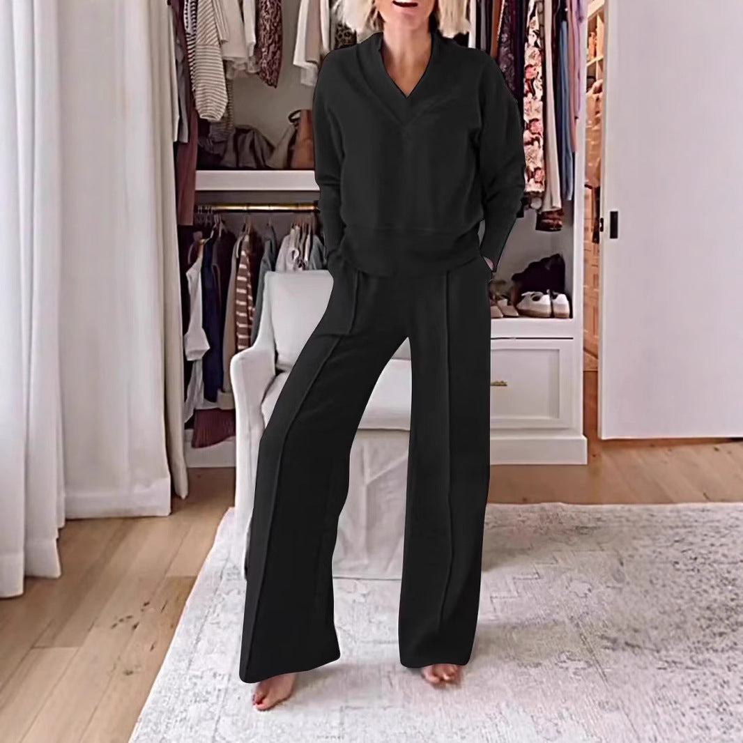 Women's Pullover Suit Casual Collared Long-Sleeved V-neck Top And Loose Straight-Leg Pants Fashion Sweatshirt Sport Trousers Set
