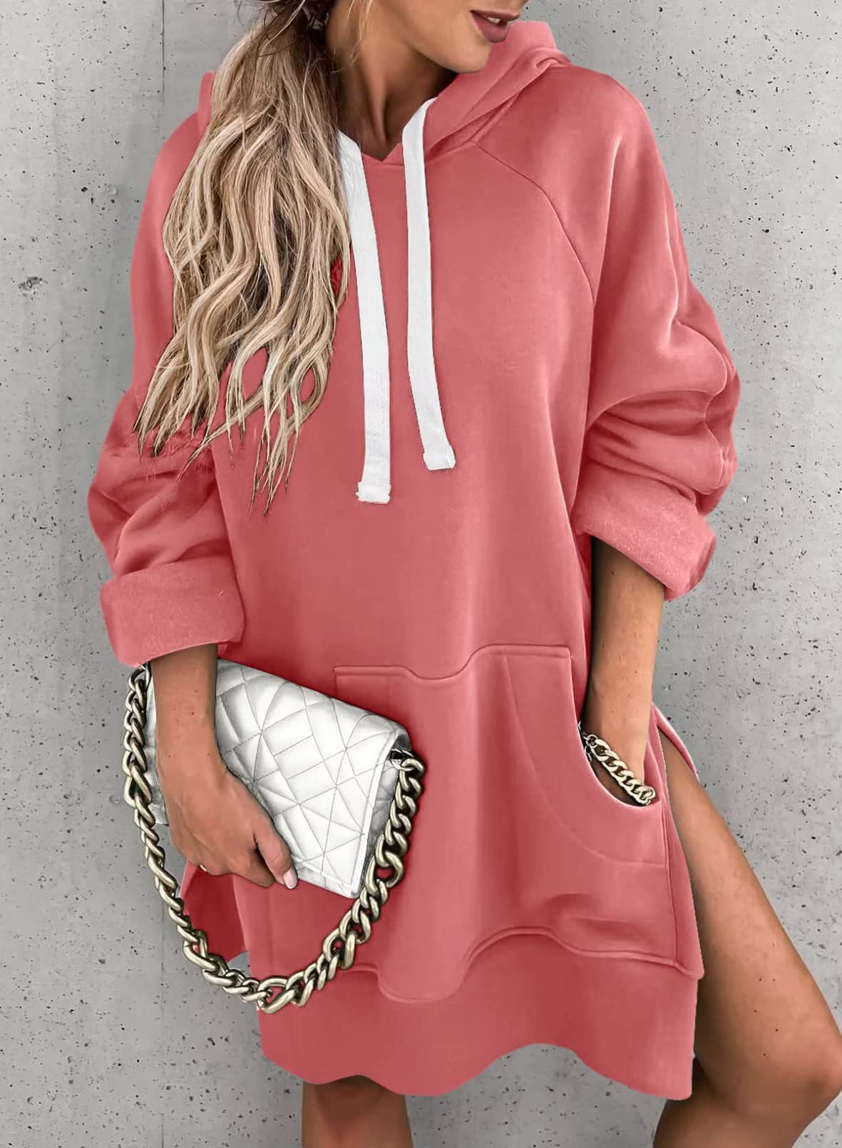 Women's Hooded Sweatshirt With Pockets Fashion Casual Split Mid-length Sweater Drawstring Tops