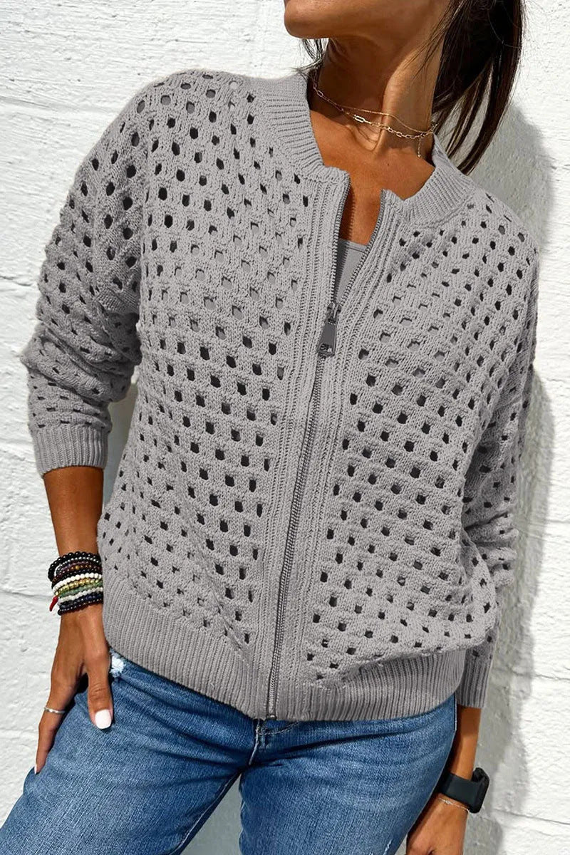 Fashion Hollow Knitted Jacket Zip-up Long-sleeved Tops Women's Clothing